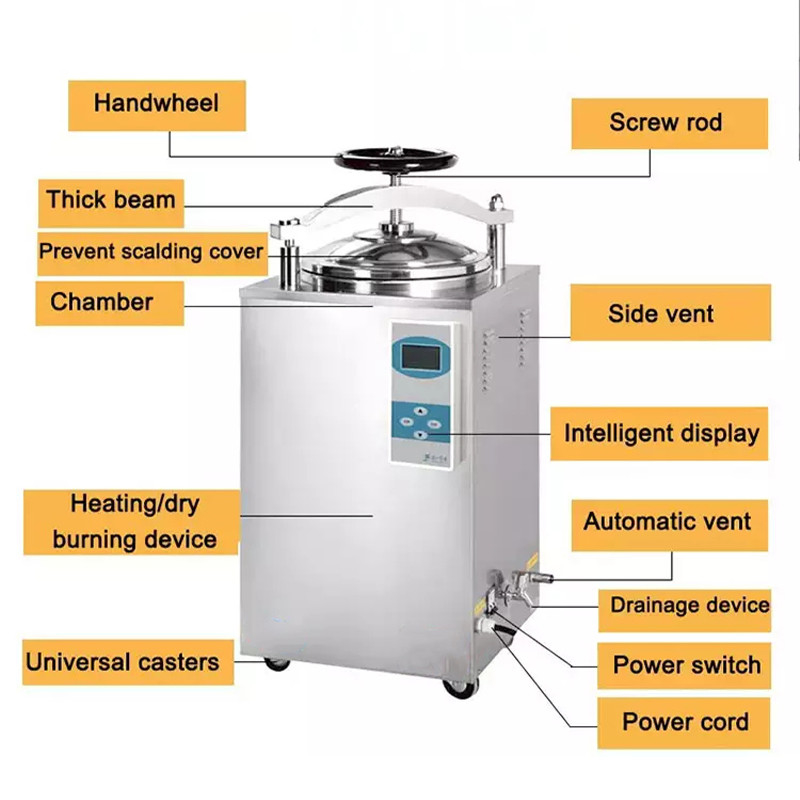 Rodas de mão Display Digital Autoclave Vertical 35L 50L 75L 100L 150L Litro Para Fungos Retort Esterilizador de Alimentos enlatados