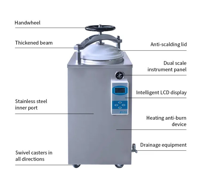 Rodas de mão Display Digital Autoclave Vertical 35L 50L 75L 100L 150L Litro Para Fungos Retort Esterilizador de Alimentos enlatados