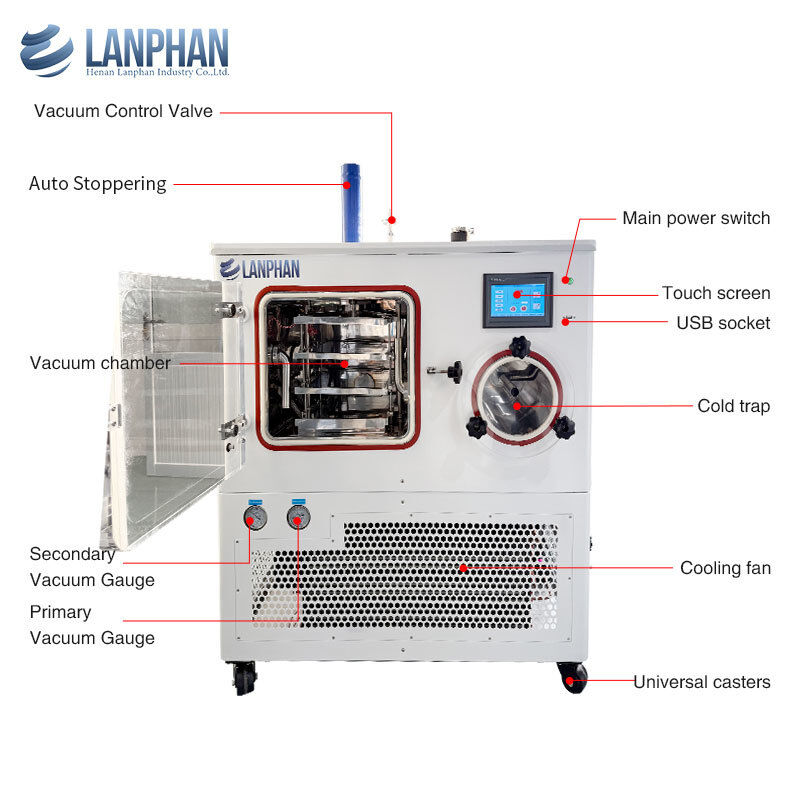 Máquina de secagem a vácuo de secador de congelamento de laboratório com capacidade de 4 kg/lote e temperatura de captura a frio de -75°C para formulação de alimentos biológicos